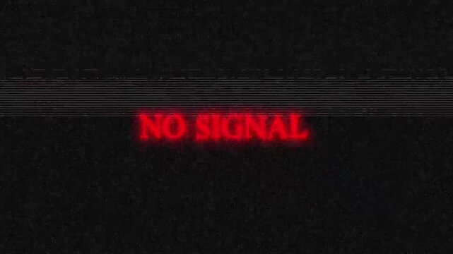 Red "NO SIGNAL" glowing text animation on black grainy background, digital glitch effect for retro tv and error screen vfx.