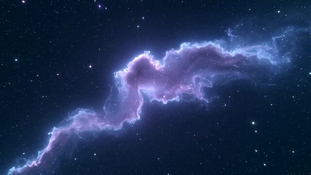 Pulsing purple-blue nebular filament drifting in space, rim pulsing causing wispy tails extending