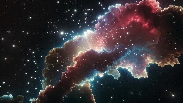 Glowing nebular gas cloud shifting with brightening rim, emitting specks outward against star field
