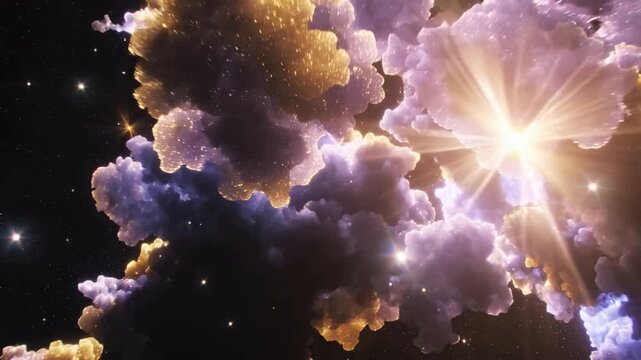 Panning camera pushing nebula drifting closer in space, revealing clumps with star flares