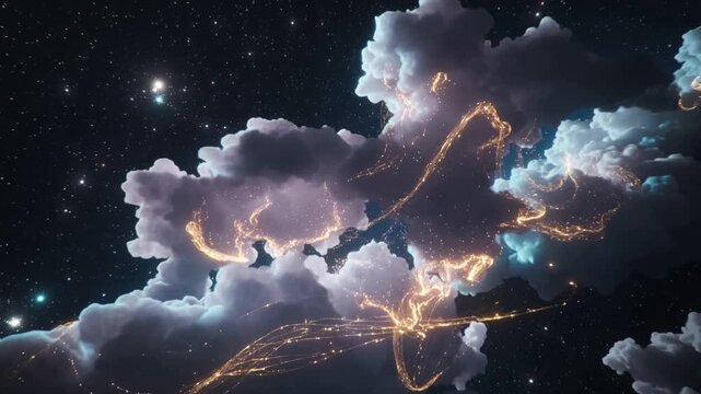 Vertical video: Shifting clouds in starfield as golden ribbons starting to trace and link lobes