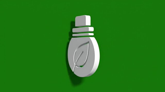 Rotating 3D white lightbulb icon with a leaf illustration on a bright green background representing eco-friendly ideas