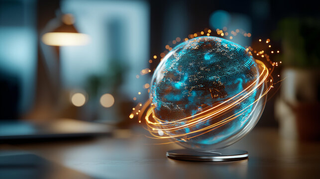 Close up of a holographic data globe floating above a bright desk surface the globe showing glowing connection nodes latitude longitude gridlines and streaming data code