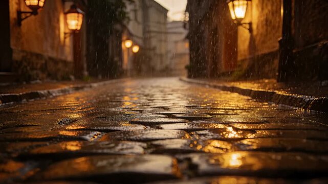 Rain intensifying, wet cobbles reflecting amber lanterns in narrow alley at dusk, puddles rippling