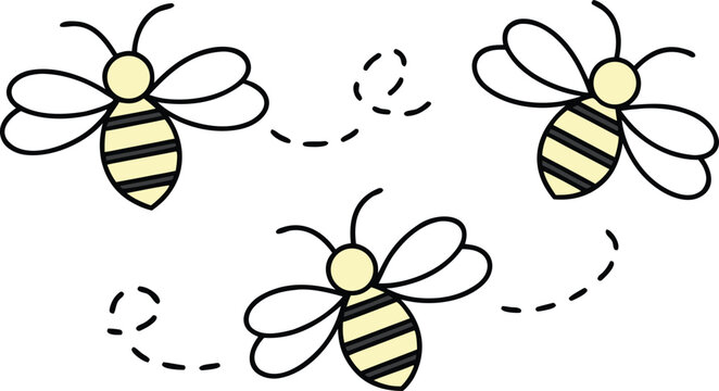 Hand drawn doodle bees with sketchy dotted flight path