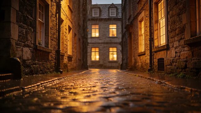 Drizzling rain making wet cobbles shine from lights in alley, camera moving emphasizing foreground