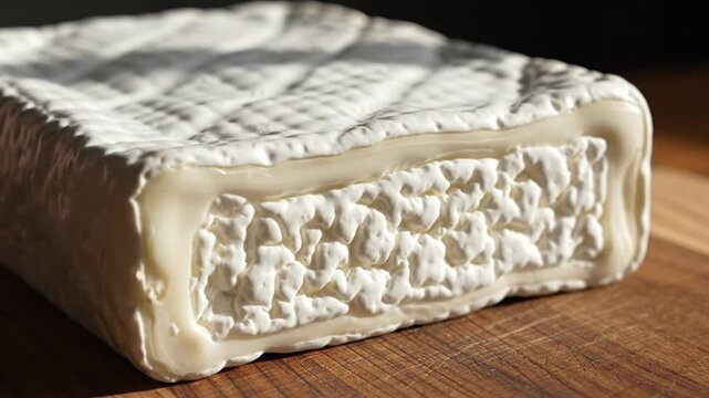 Close up of a creamy, soft cheese with a thick rind presented on a wooden board, ready to be enjoyed