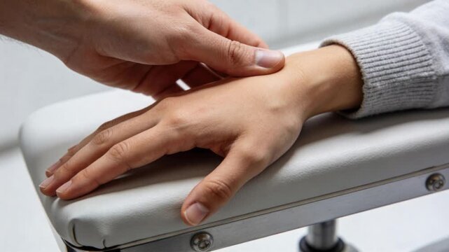 Placing thumb, clinician palpating patient's right hand on padded armrest at clinic, assessing pain