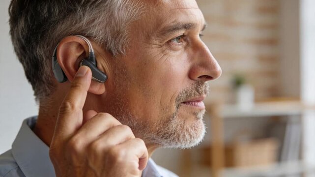 Raising right index finger man tapping adjusting hearing aid home checking fit in light blue shirt