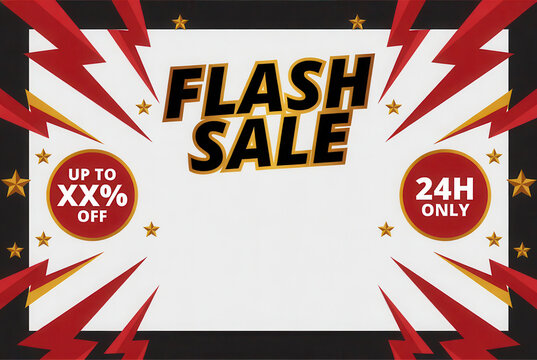 Sfondo promozionale per vendite lampo con saette rosse e stelle dorate su cornice nera. Generative AI 