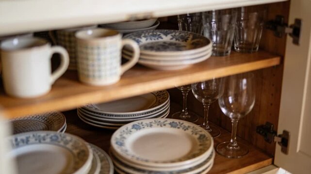 Shifting camera focusing on stacked cream blue-rimmed plates in cabinet, showing mugs and stemware