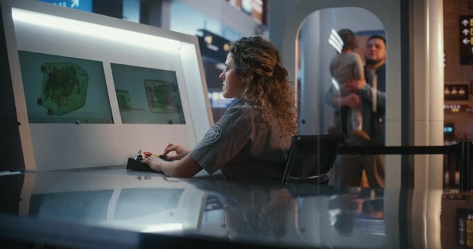 Uniformed Female Analyzes Digital Xray Images of Passenger Bags at Departure Gate. Transport Safety, Counterterrorism Measures, Meticulous Process Baggage Screening in Modern Airport Infrastructure.