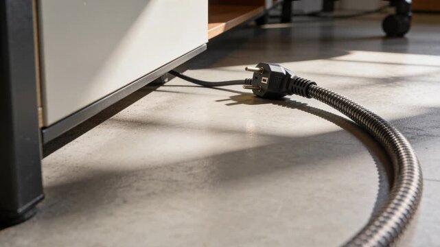 Vertical video: Sunlight casting highlighting two prong plug and braided hose resting under cabinet