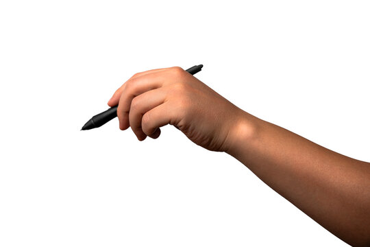 Hand holds a stylus pen for a graphic tablet, selective focus. Man's hand holds a pen for a graphic tablet, isolated on a white background. Digital drawing and design concept