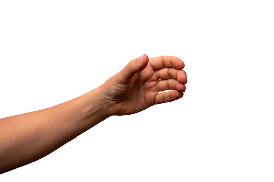 Hand holding something like a bottle, isolated on a white background. Human hand holding an imaginary can or bottle. PNG file