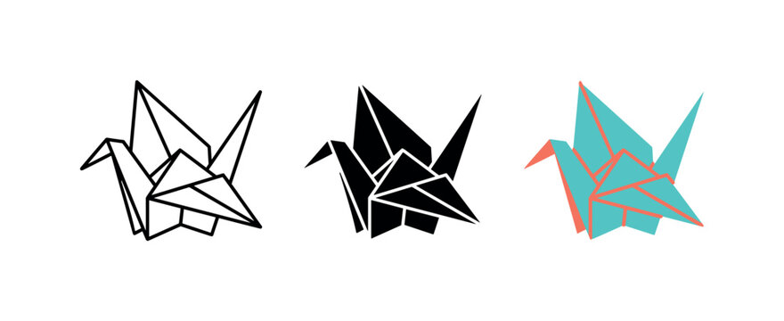 Three origami crane icons in different styles: outline, solid black, and colored
