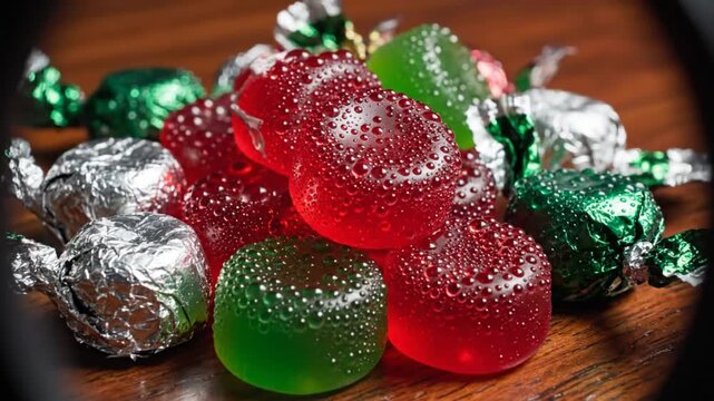 Close-up of vibrant red and green fruit-flavored gummy candies and wrapped chocolates on a wooden surface