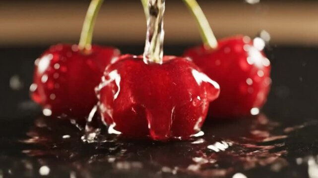 Fresh cherries being washed with water droplets sparkling and splashing beautifully on a dark surface