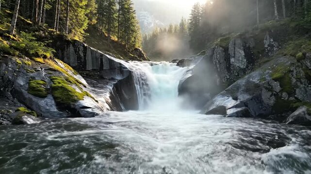 Scenic waterfall cascading over moss-covered rocks surrounded by lush green trees and misty sunlight