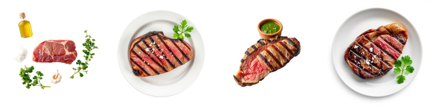 set of pictures for  Grilled Argentinian steak with chimichurri sauce, golden crust and juicy pink center
