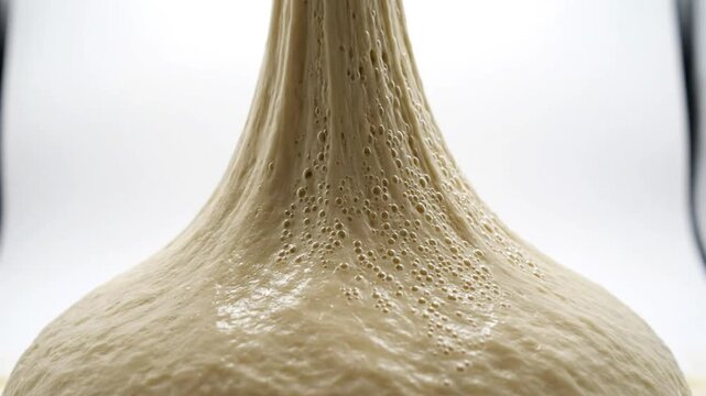 Close up view of the airy dough rising on white surface, perfect for baking bread