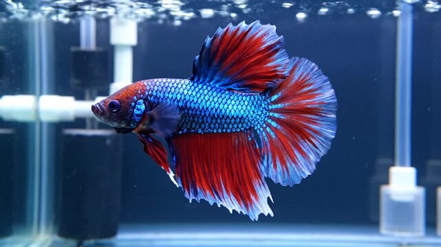 Stunning blue and red betta fish swimming elegantly in an aquarium, close-up shot of the vibrant colors