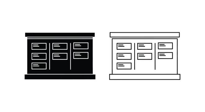 a black and white double door cabinet with drawers Vector