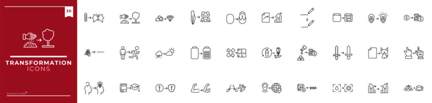 Transformation, Outline icons collection. Simple vector illustration