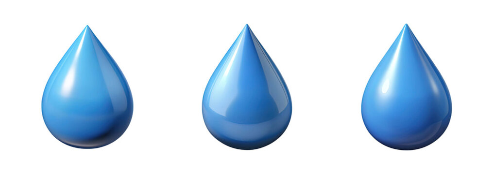 Three glossy blue water drops isolated on transparent background