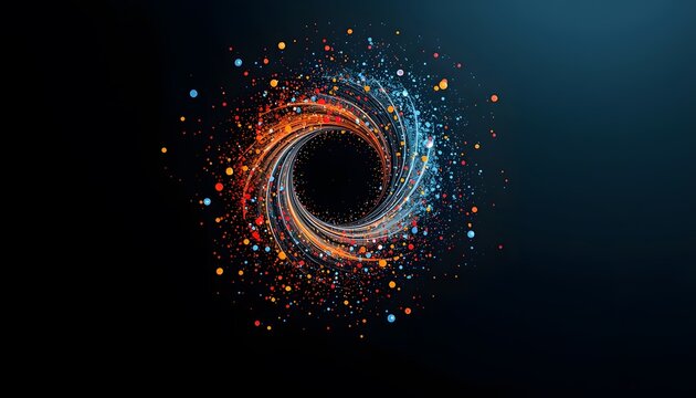 Dynamic digital particle vortex featuring glowing orange and blue streaks swirling in a high speed orbital motion against a deep dark black background environment