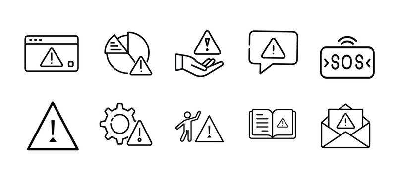 Warning signs and security alert outline icon set featuring SOS message triangle danger and caution signal for system notification more vector illustration on editable stroke.
