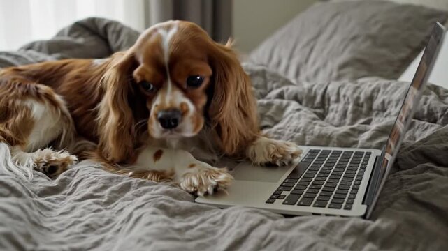 Cavalier King Charles Spaniel Dog Lying on Bed with Laptop.