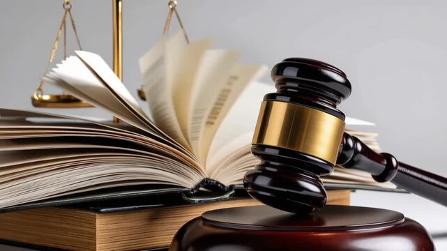 Balanced scales and a gavel rest beside an open law book as justice prevails in a courtroom setting focused on upholding the rule of law