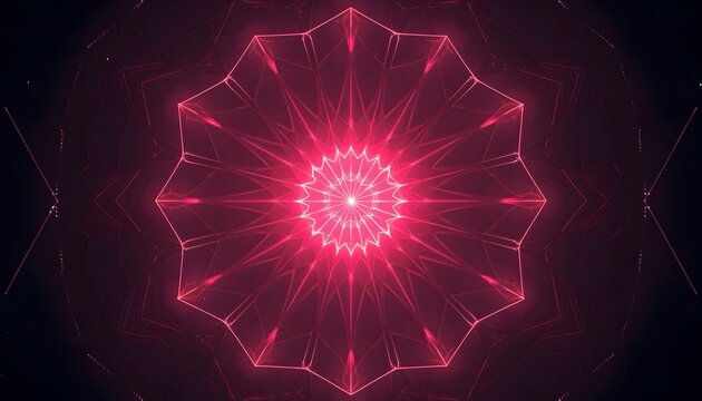 Vibrant red neon kaleidoscope geometric pattern featuring symmetrical light rays radiating from a central glowing star shape on a dark abstract background texture