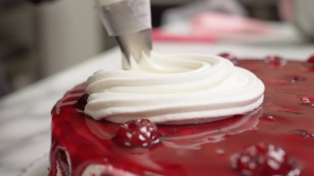 Chef decorating a glazed cherry cake with whipped cream, creating a delicious dessert for celebration