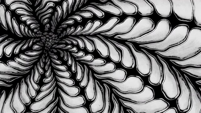 Hypnotic black and white fractal flower pattern animation