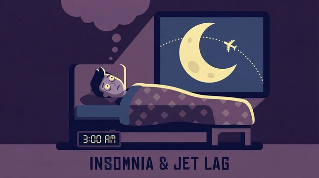 Man lying awake in bed at night showing insomnia symptoms. Illustration represents jet lag and sleep disorders after travel. Suitable for health, wellness, and travel related content.