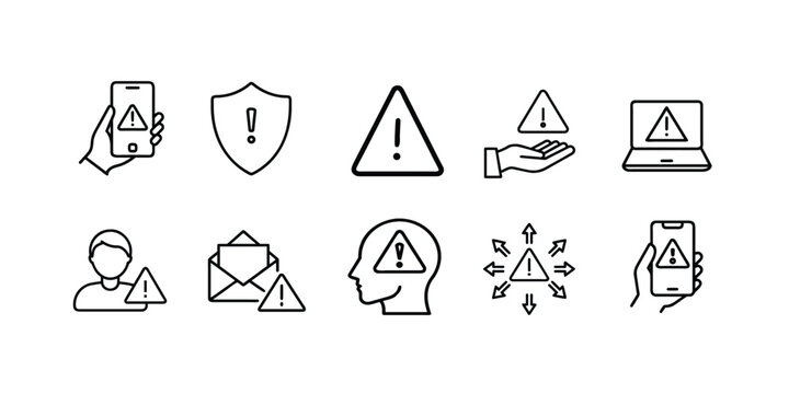 Warning signs and security alert outline icon set featuring SOS signal triangle danger and caution message for system notification more vector illustration on editable stroke.
