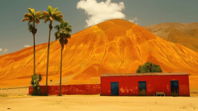 Desert landscape with palm trees and red building under sunny sky