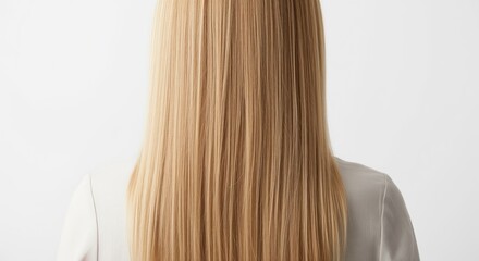 Naklejka premium Back view of a person with long, straight, shiny blonde hair. The hair appears healthy and well-maintained with smooth texture. Ideal for beauty, haircare, and salon content.