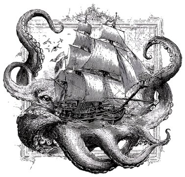 detailed black and white dragon illustration entwined with skull and bones
