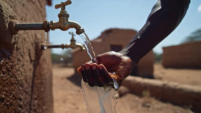 hands of an African man, a tap with water
