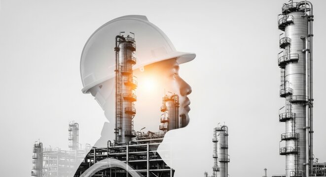 Future factory plant and energy industry concept in creative graphic design. Oil, gas and petrochemical refinery factory with double exposure arts showing next generation of power and energy business