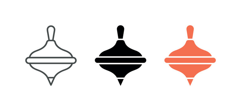 Collection of spinning top icons in outline, solid black, and orange colors