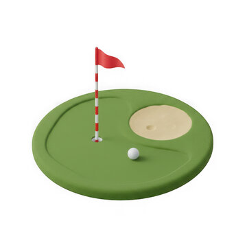 A small circular golf green featuring a flagstick with a red flag and a sand bunker with a ball