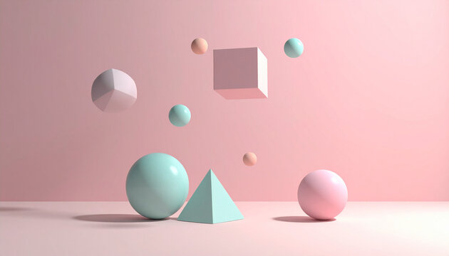 Geometric shapes pastel color floating on soft pink background