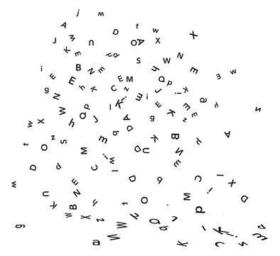 Letters of the alphabet fall and tumble  in a 3-d illustration  background image that is a png file.