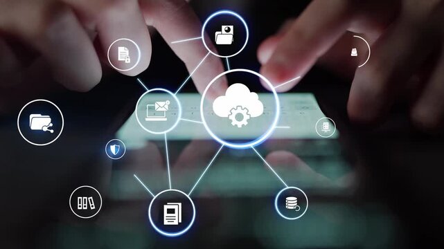 Concept design of managing online documents with cloud storage, digital file management, and secure sharing. Online documents improve workflow, online documents enhance security. Funnel