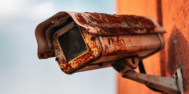 Old, rusty security camera mounted on an orange building wall