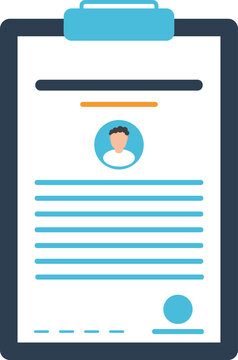 Flat illustration of a clipboard with a resume or application form, profile avatar, text lines and signature, minimal clean UI icon style.Simple clipboard resume application form flat illustration.